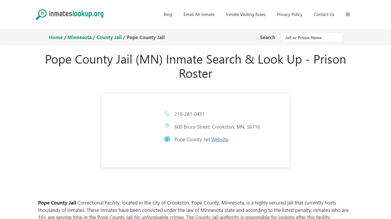 Pope County Jail (MN) Inmate Search & Look Up - Prison Roster